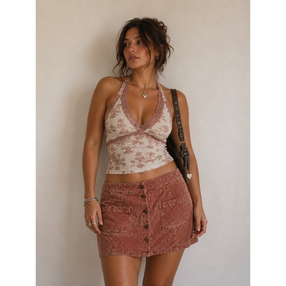 Roxy Dusty Rose Corduroy Mini Skirt XL Button Front Surf Boho Casual